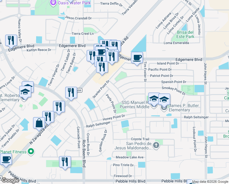 map of restaurants, bars, coffee shops, grocery stores, and more near 3301 Garden Point Drive in El Paso