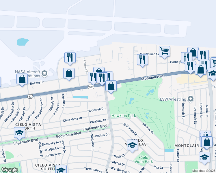 map of restaurants, bars, coffee shops, grocery stores, and more near 8800 Montana Avenue in El Paso