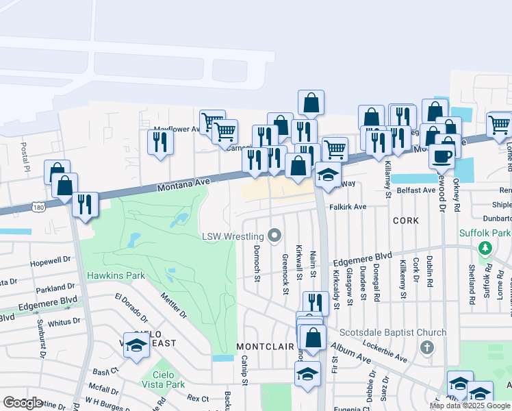 map of restaurants, bars, coffee shops, grocery stores, and more near 9416 Montrose Court in El Paso