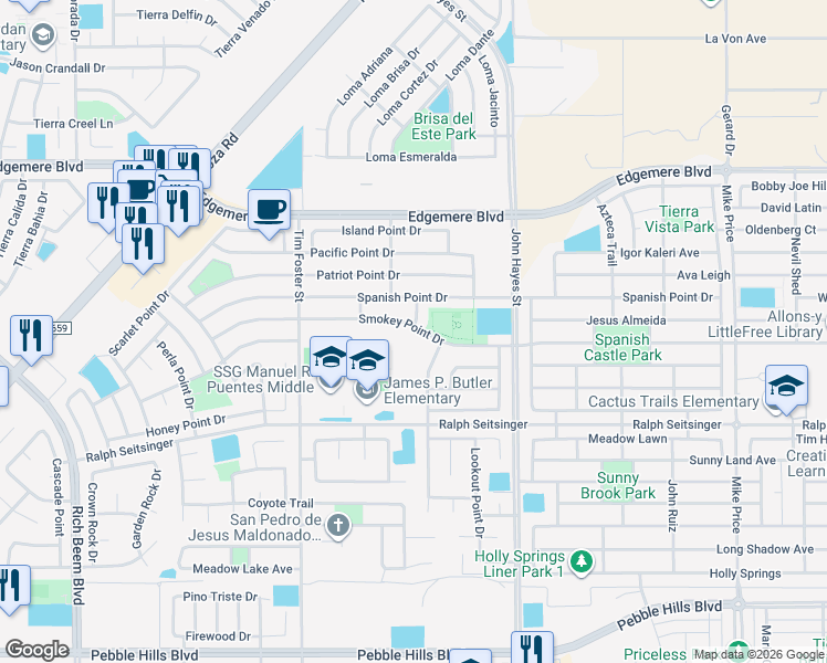 map of restaurants, bars, coffee shops, grocery stores, and more near 14336 Smokey Point Drive in El Paso