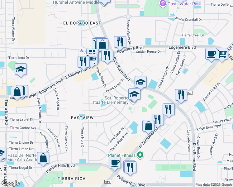 map of restaurants, bars, coffee shops, grocery stores, and more near 3337 Tierra Yvette Lane in El Paso