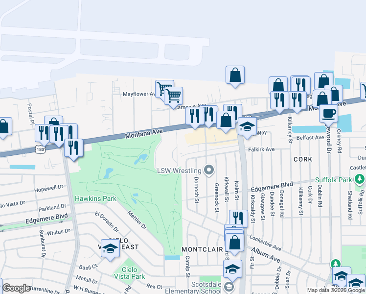 map of restaurants, bars, coffee shops, grocery stores, and more near 9400 Montrose Court in El Paso