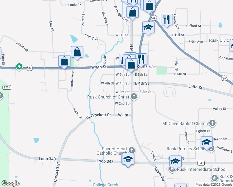 map of restaurants, bars, coffee shops, grocery stores, and more near 208 Barron Street in Rusk
