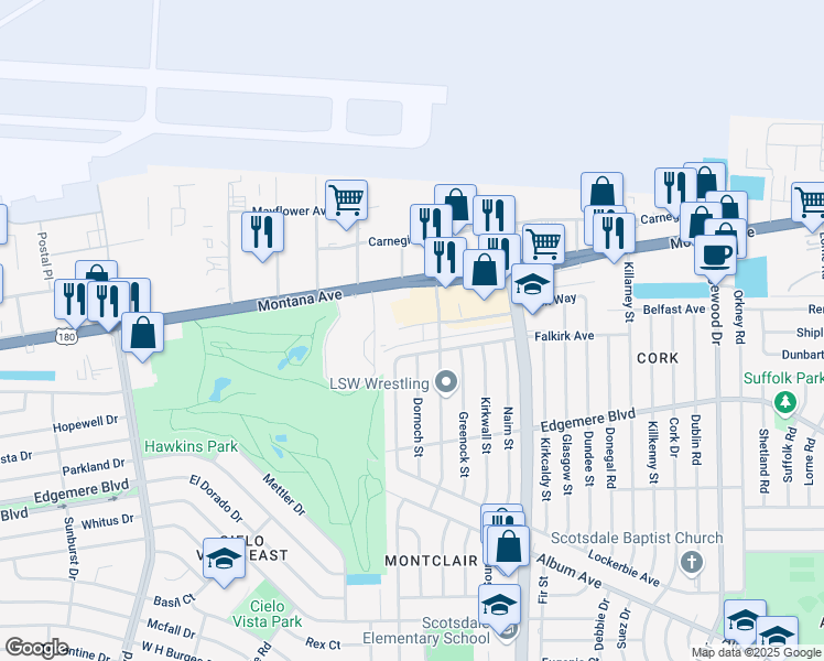 map of restaurants, bars, coffee shops, grocery stores, and more near 9412 Montrose Court in El Paso