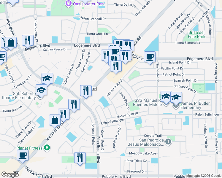 map of restaurants, bars, coffee shops, grocery stores, and more near 3328 Scarlet Point Drive in El Paso