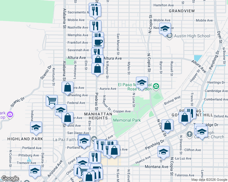 map of restaurants, bars, coffee shops, grocery stores, and more near 3017 Wheeling Avenue in El Paso