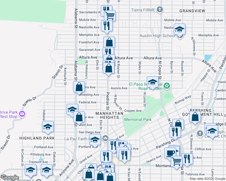 map of restaurants, bars, coffee shops, grocery stores, and more near 2905 Wheeling Avenue in El Paso