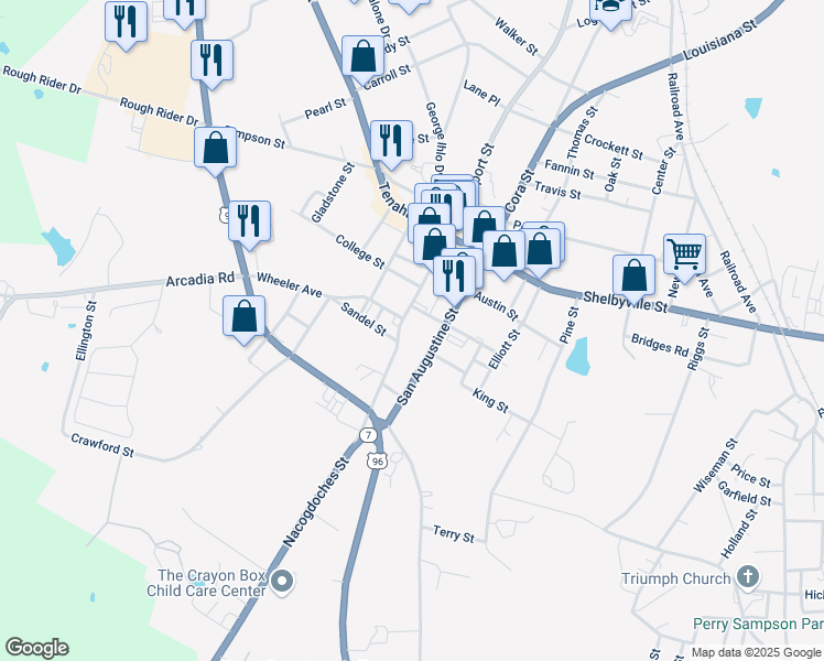 map of restaurants, bars, coffee shops, grocery stores, and more near 419 Nacogdoches Street in Center
