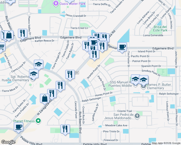 map of restaurants, bars, coffee shops, grocery stores, and more near 3328 Scarlet Point Drive in El Paso