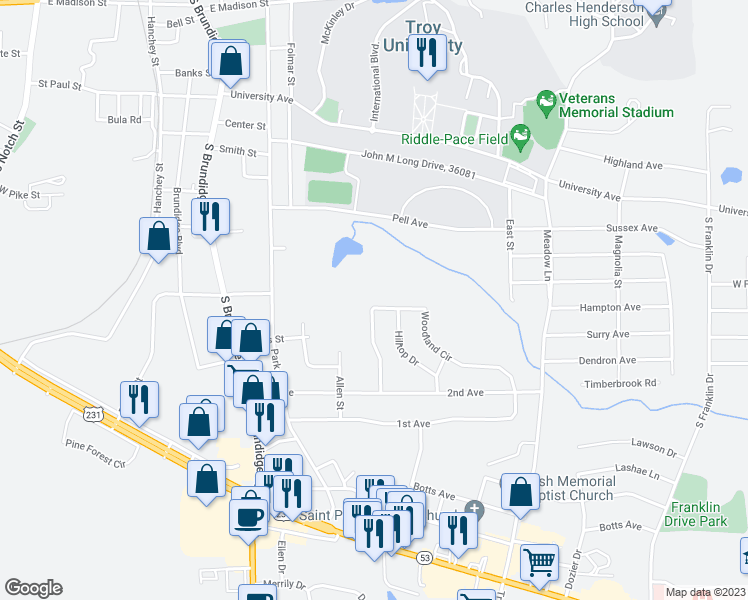 map of restaurants, bars, coffee shops, grocery stores, and more near 124 Woodland Circle in Troy