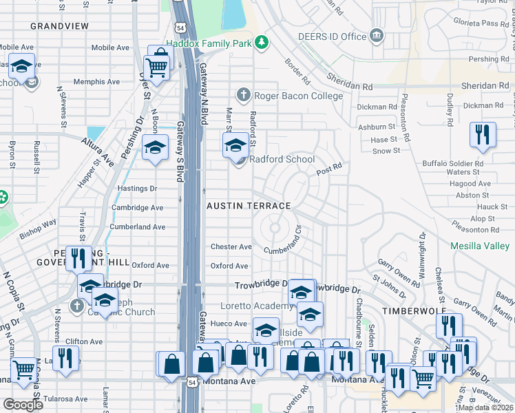 map of restaurants, bars, coffee shops, grocery stores, and more near 14 Cumberland Circle in El Paso
