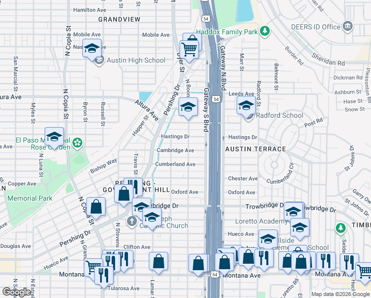 map of restaurants, bars, coffee shops, grocery stores, and more near 4108 Cambridge Avenue in El Paso