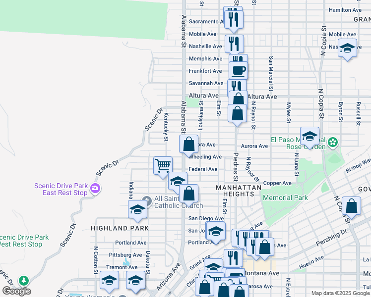 map of restaurants, bars, coffee shops, grocery stores, and more near 2609 Wheeling Avenue in El Paso