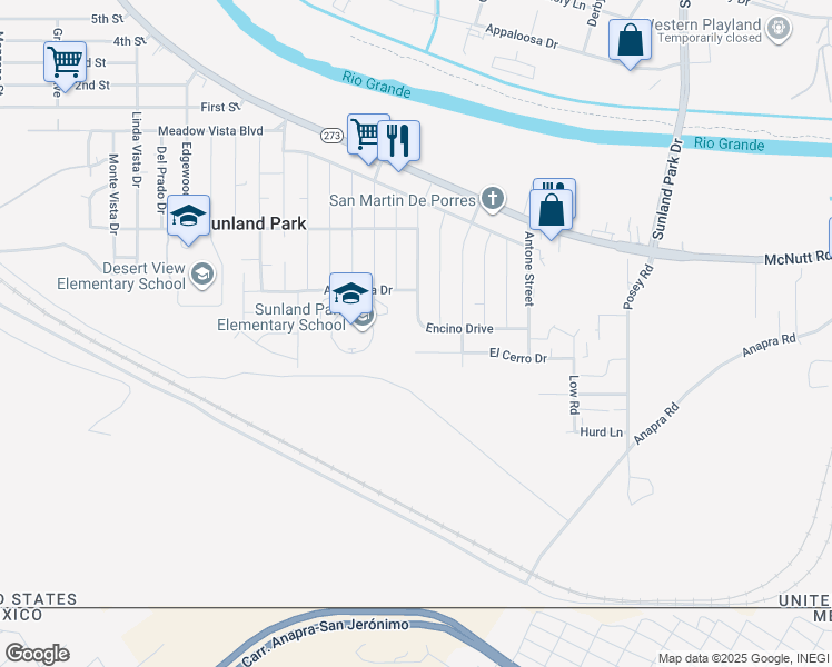 map of restaurants, bars, coffee shops, grocery stores, and more near 152 Encino Drive in Sunland Park