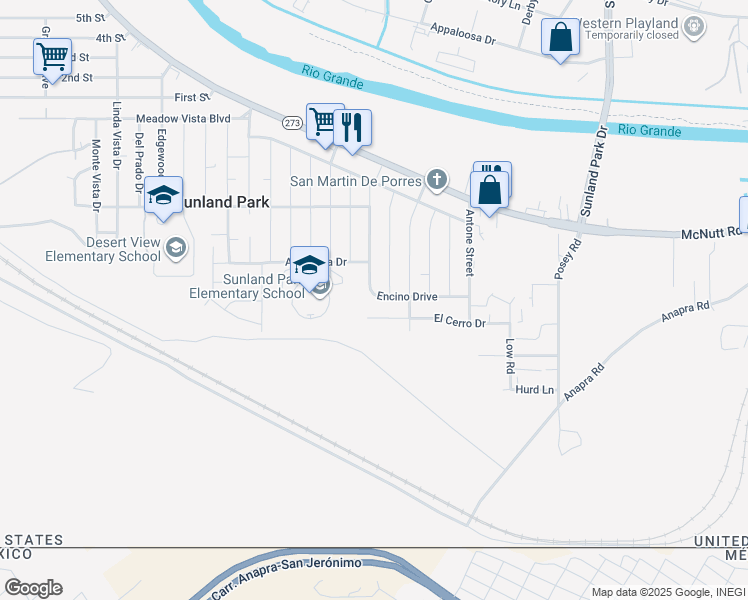 map of restaurants, bars, coffee shops, grocery stores, and more near 152 Encino Drive in Sunland Park