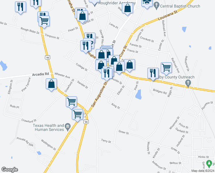 map of restaurants, bars, coffee shops, grocery stores, and more near 206 Houston Street in Center
