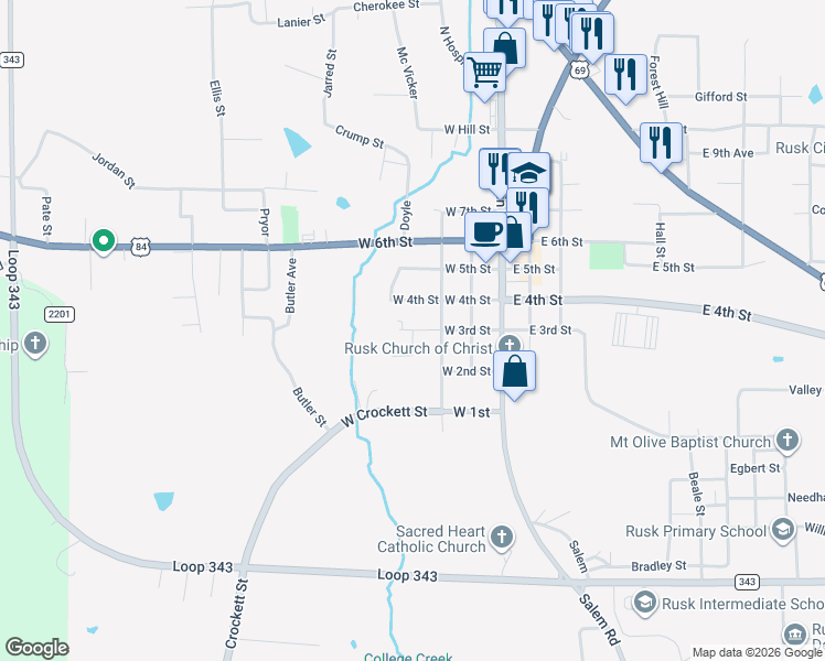 map of restaurants, bars, coffee shops, grocery stores, and more near 100 Welch Street in Rusk