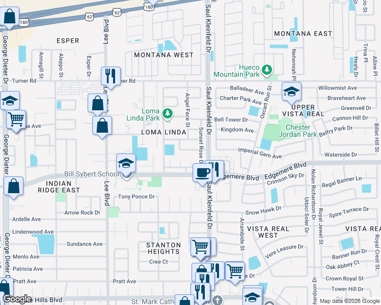 map of restaurants, bars, coffee shops, grocery stores, and more near 3413 Rosinie Rose Place in El Paso