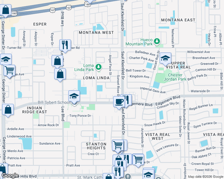 map of restaurants, bars, coffee shops, grocery stores, and more near 3413 Rosinie Rose Place in El Paso