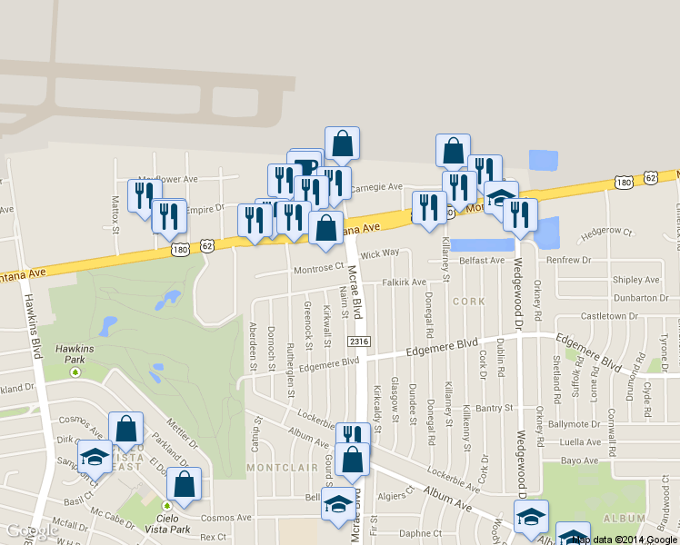 map of restaurants, bars, coffee shops, grocery stores, and more near 9601 Falkirk Avenue in El Paso