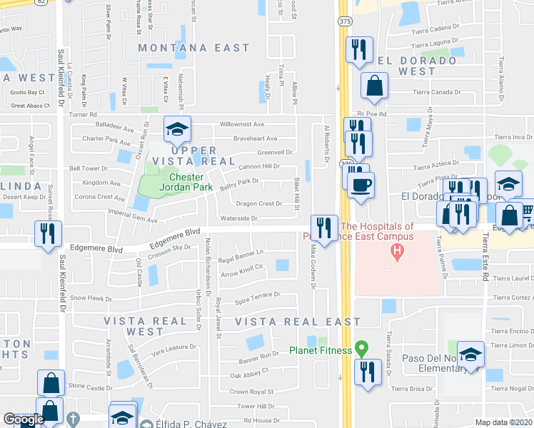 map of restaurants, bars, coffee shops, grocery stores, and more near 12021 Waterside Drive in El Paso