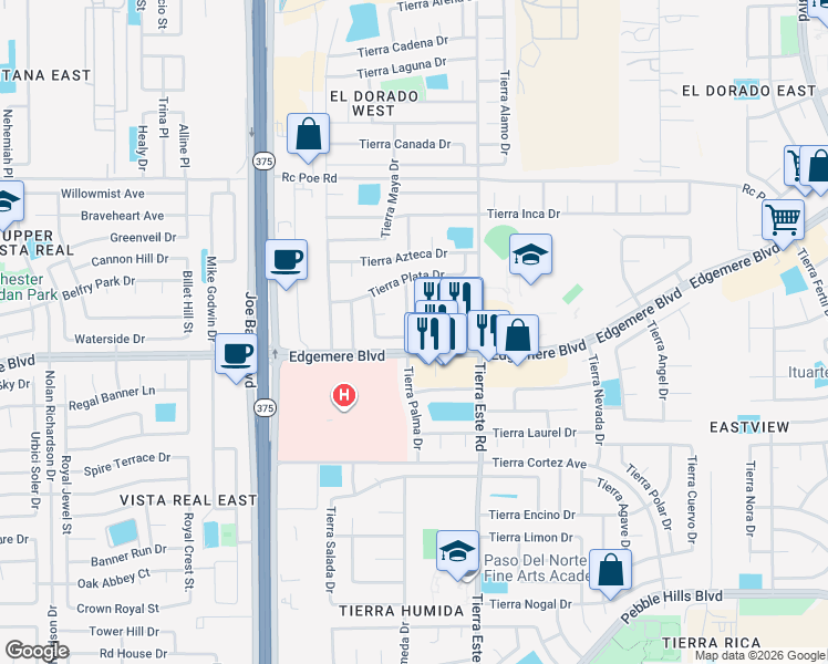 map of restaurants, bars, coffee shops, grocery stores, and more near 3416 Tierra Cobre Drive in El Paso