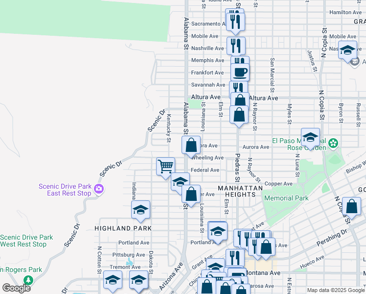 map of restaurants, bars, coffee shops, grocery stores, and more near 2609 Wheeling Avenue in El Paso