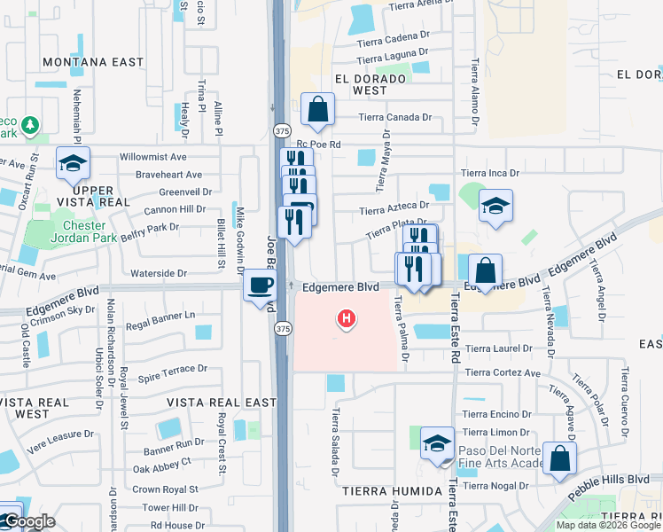 map of restaurants, bars, coffee shops, grocery stores, and more near 3401 Tierra Zafiro Drive in El Paso