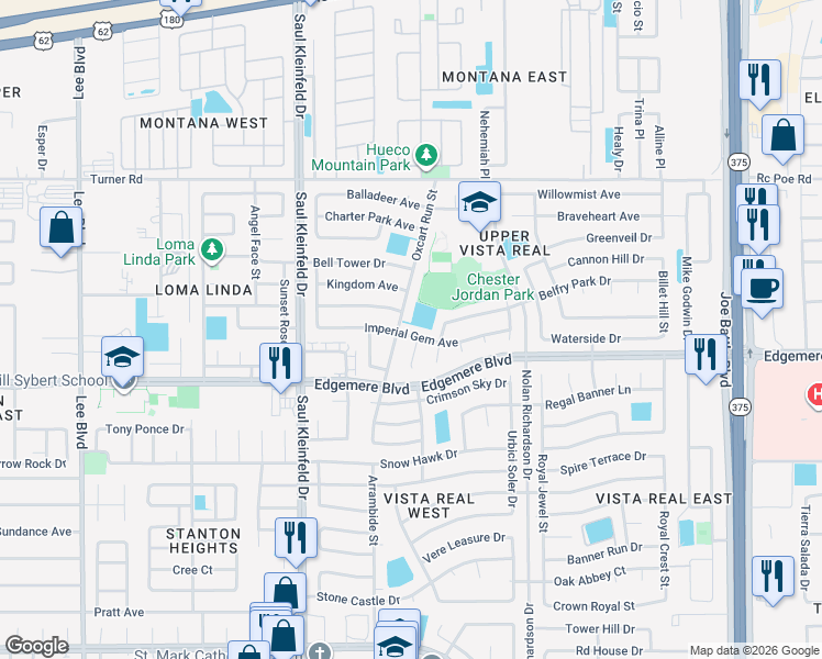 map of restaurants, bars, coffee shops, grocery stores, and more near 3437 Blazon Gold Way in El Paso