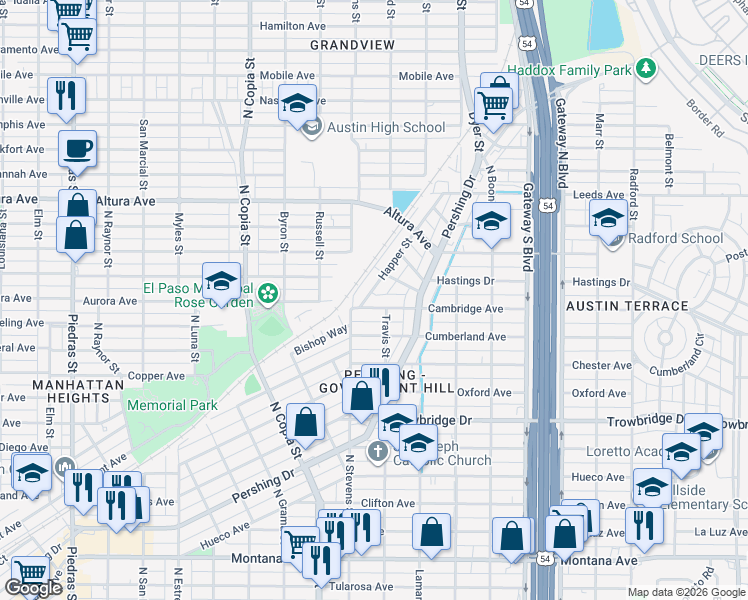 map of restaurants, bars, coffee shops, grocery stores, and more near 3710 Cambridge Avenue in El Paso