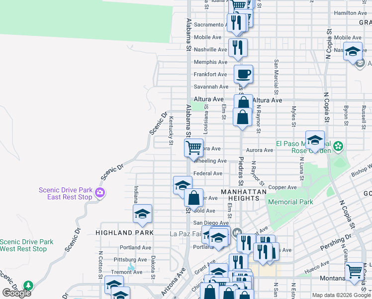 map of restaurants, bars, coffee shops, grocery stores, and more near 2609 Wheeling Avenue in El Paso