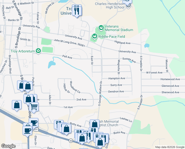 map of restaurants, bars, coffee shops, grocery stores, and more near 507 East Street in Troy