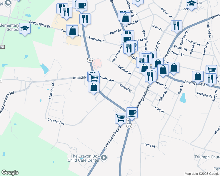 map of restaurants, bars, coffee shops, grocery stores, and more near 104 Hurst Street in Center
