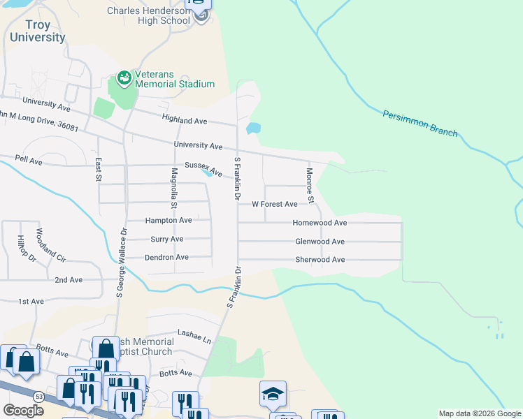 map of restaurants, bars, coffee shops, grocery stores, and more near 104 Homewood Avenue in Troy