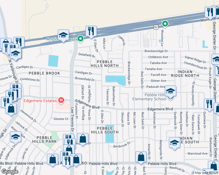 map of restaurants, bars, coffee shops, grocery stores, and more near 3440 Balmorhea Street in El Paso