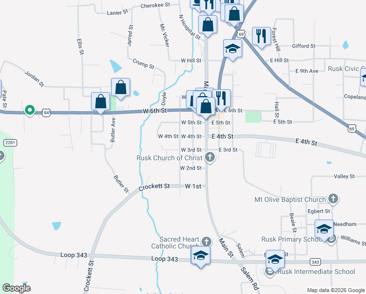 map of restaurants, bars, coffee shops, grocery stores, and more near 208 Barron Street in Rusk