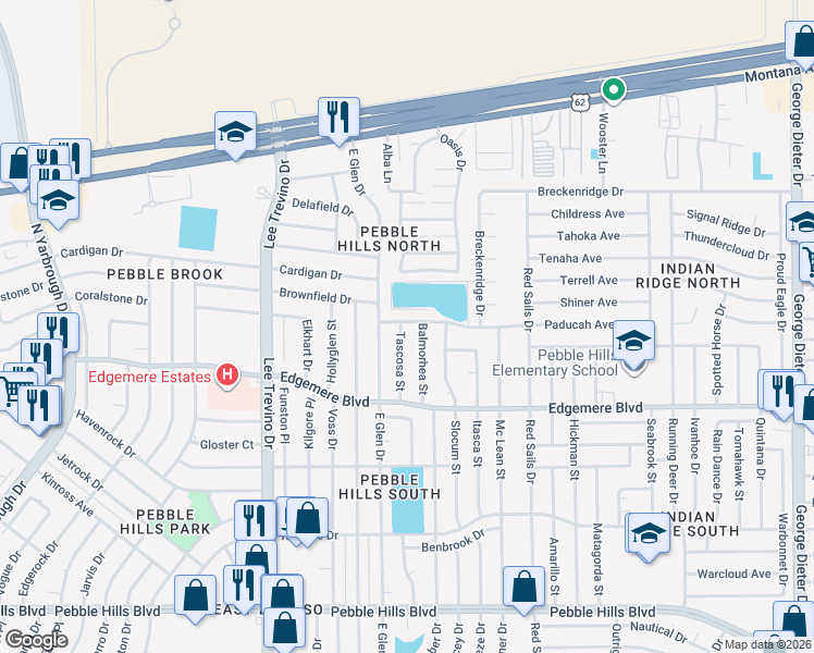 map of restaurants, bars, coffee shops, grocery stores, and more near 3440 Balmorhea Street in El Paso
