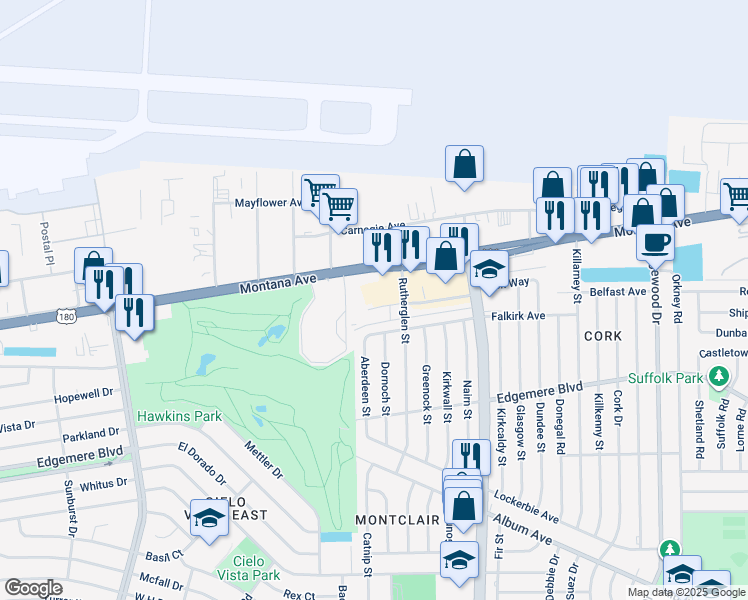 map of restaurants, bars, coffee shops, grocery stores, and more near 9412 Montrose Court in El Paso
