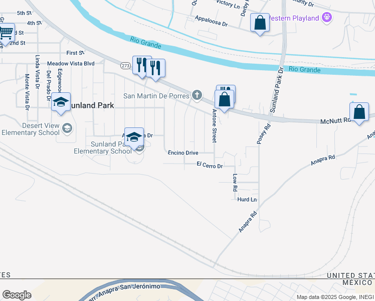 map of restaurants, bars, coffee shops, grocery stores, and more near Encino Dr in Sunland Park