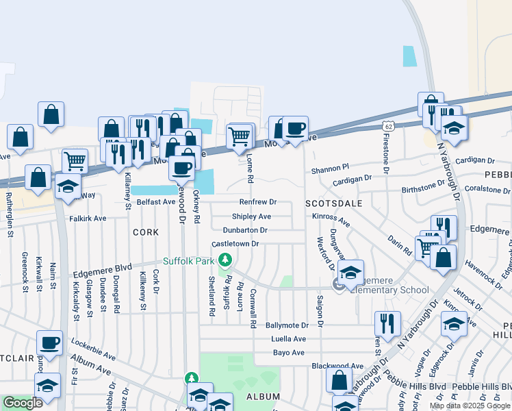 map of restaurants, bars, coffee shops, grocery stores, and more near 10201 Renfrew Drive in El Paso