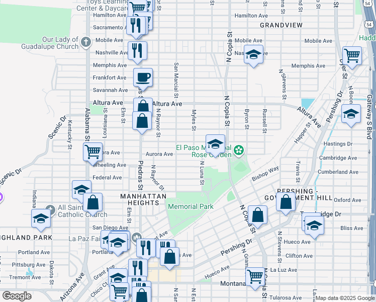 map of restaurants, bars, coffee shops, grocery stores, and more near 3105 Lebanon Avenue in El Paso