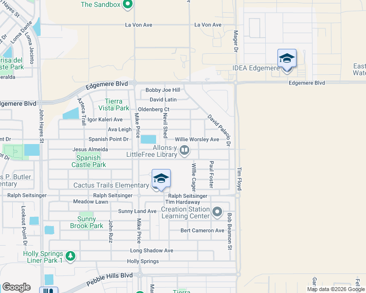 map of restaurants, bars, coffee shops, grocery stores, and more near 14833 Willie Worsley Avenue in El Paso