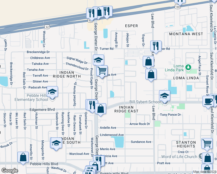 map of restaurants, bars, coffee shops, grocery stores, and more near 3468 Rising Sun Street in El Paso
