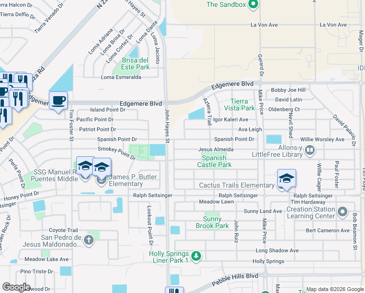 map of restaurants, bars, coffee shops, grocery stores, and more near 14553 Spanish Point Drive in El Paso
