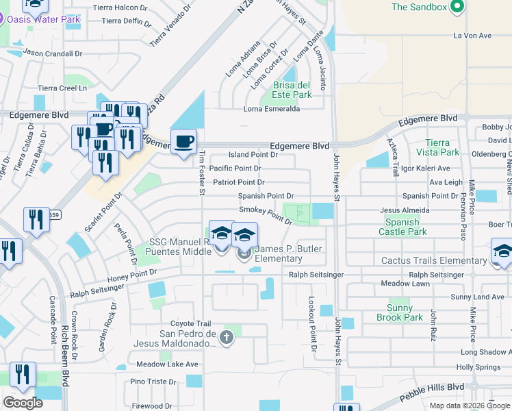map of restaurants, bars, coffee shops, grocery stores, and more near 14323 Smokey Point Drive in El Paso