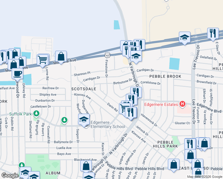 map of restaurants, bars, coffee shops, grocery stores, and more near 10512 Drillstone Drive in El Paso