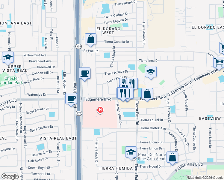 map of restaurants, bars, coffee shops, grocery stores, and more near 3449 Tierra Cobre Drive in El Paso