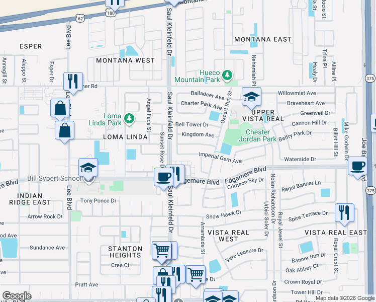 map of restaurants, bars, coffee shops, grocery stores, and more near 11721 Corona Crest Avenue in El Paso
