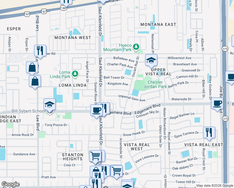map of restaurants, bars, coffee shops, grocery stores, and more near 11761 Corona Crest Avenue in El Paso