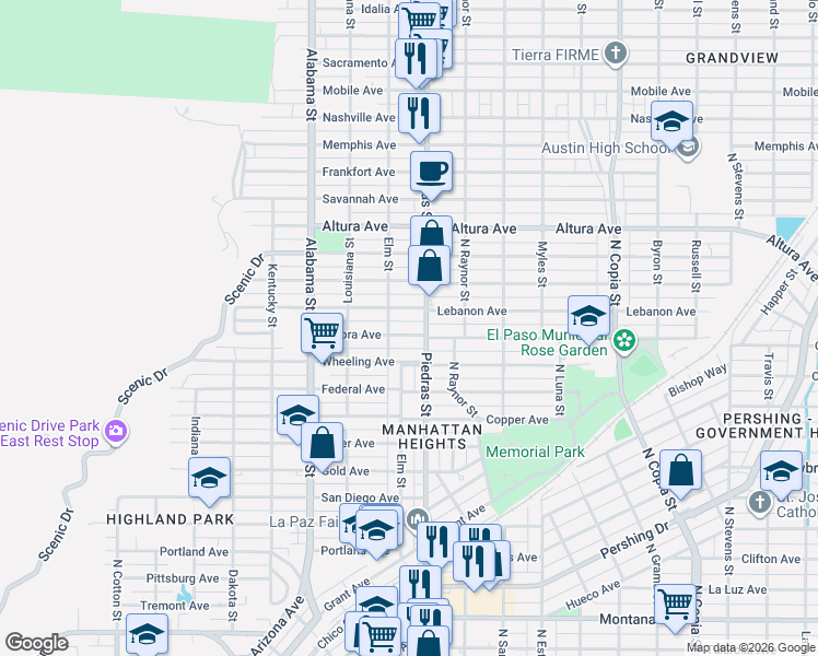 map of restaurants, bars, coffee shops, grocery stores, and more near 2806 Lebanon Avenue in El Paso